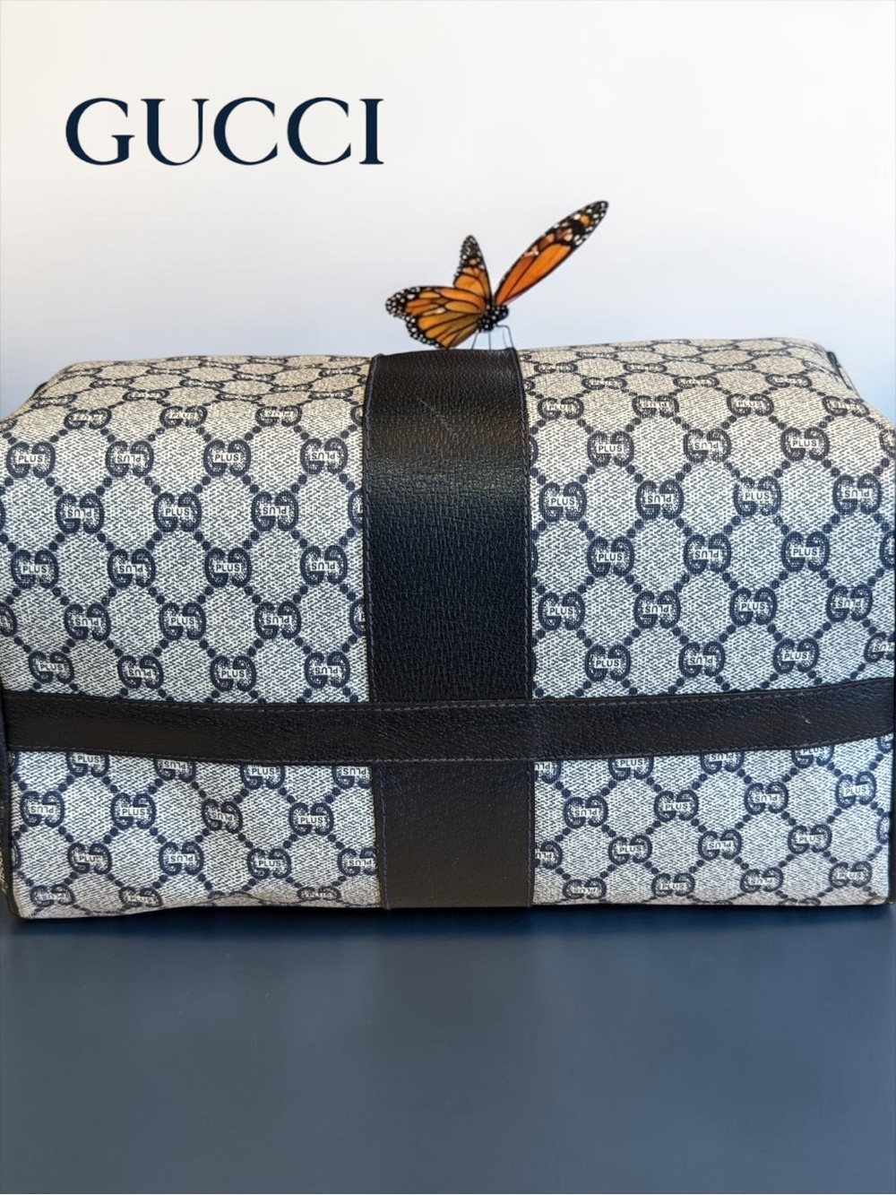 Vintage Gucci Plus GG Monogram Boston Bag - Rare Navy Blue/Black Coated Canvas - Picture 7 of 15